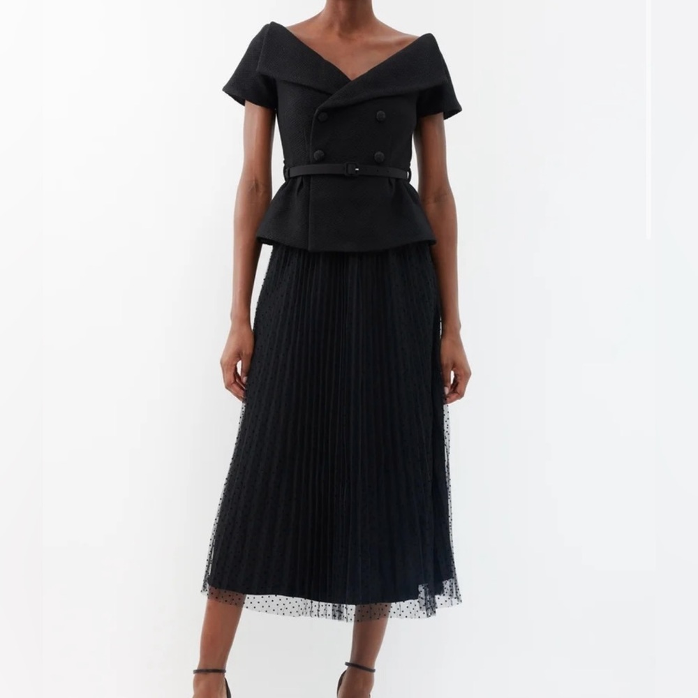 Self-Portrait off-shoulder Midi Dress | Elegant Black Polka Dot Pleated Skirt
